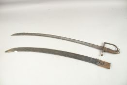 AN 18TH CENTURY FRENCH SIDEARM with metal wire and brass handle, the blade in a leather sheath.
