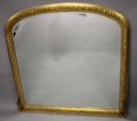A LARGE LOUIS XVITH DESIGN GILTWOOD OVERMANTLE MIRROR with domed top. 150cms high x 146cms wide.
