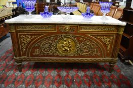A GOOD LOUIS XVTH MARBLE TOP COMMODE, the front with three small drawers over double panel doors,