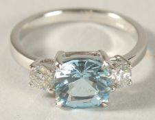 A PLATINUM, AQUAMARINE AND DIAMOND RING, aquamarine 2ct, diamond 0.45ct.