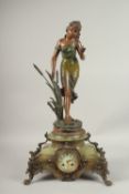A VERY GOOD LARGE SPELTER AND ONYX CLOCK, a large bronze of a young lady beside bullrushes, the
