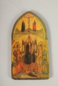 A RUSSIAN ICON, many figures. 28cms x 16cms.