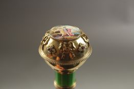 A RUSSIAN WALKING STICK with silver, enamel and diamond handle.