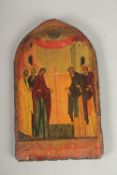 A RUSSIAN ICON WITH ARCHED TOP, five saints. 30cms x 19cms.