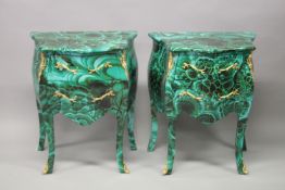 A PAIR OF FAUX MALACHITE DESIGN BOMBE SHAPED COMMODES with two drawers, gilt handles on curving