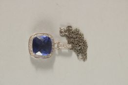 A BLUE PENDANT AND CHAIN.