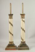 A PAIR OF 19TH CENTURY PORCELAIN LAMPS entwined with vine leaves, on brass square bases. 60cms