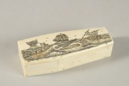 AN ETCHED BONE COFFIN AND SKELETON. 11cms long.