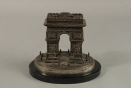 A 19TH CENTURY PLATED MODEL OF THE ARC DE TRIOMPHE, possibly by ELKINGTON & CO., on a black oval