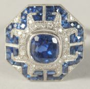 A PLATINUM AND FINE SAPPHIRE AND DIAMIND ART DECO DESIGN RING, centre sapphire 2.54ct.
