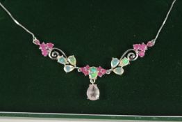 A SILVER RUBY, OPAL AND ROSE QUARTZ NECKLACE.