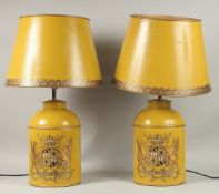 A GOOD PAIR OF CRESTED TOLEWARE LAMPS AND SHADES.