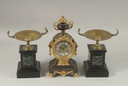 A GOOD 19TH CENTURY FRENCH MARBLE AND BRONZE THREE-PIECE CLOCK GARNITURE, the clock with urn finial,