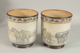 A GOOD PAIR OF DOULTON LAMBETH STONEWARE JARDINERES, etched horses by Hannah and Lucy Barlow,