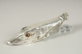 A SILVER PLATED PIKE LETTER CLIP. 14cms high.