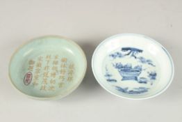 A CHINESE BLUE AND WHITE DISH together with a Celadon dish (2).