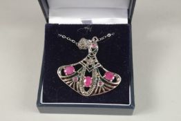 A SILVER AND MARCASITE PLIQUE ENAMEL NECKLACE.