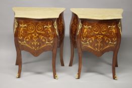A SMALL PAIR OF LOUIS XVITH STYLE INLAID BOMBE MARBLE TOP COMMODES with two deep drawers with gilt