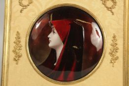 A GOOD 19TH CENTURY FRENCH LIMOGES ENAMEL CIRCULAR HEAD AND SHOULDERS OF A YOUNG GIRL,