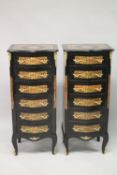 A PAIR OF LOUIS XVITH STYLE TALL BOULLE CHESTS with six small drawers, Boulle inlay and supported on