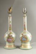 A PAIR OF DRESDEN PORCELAIN VASES with panels of flowers and figures converted to lamps. Vases