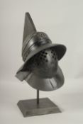 A BRONZE SAMURAI HELMET on a stand. 40cms.