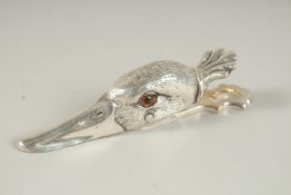 A SILVER PLATED DUCK LETTER CLIP. 12cms high.
