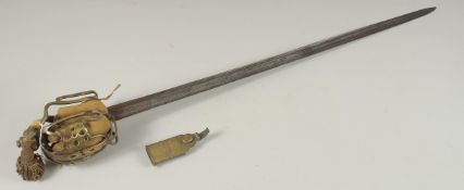 AN 18TH CENTURY SCOTTISH BASKET HILT SWORD, circa 1760, with a shagreen, brass and leather handle
