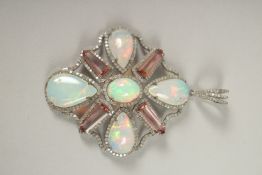 A LARGE SILVER SET DIAMOND, OPAL AND KUNZITE PENDANT.