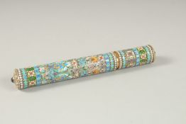 A RUSSIAN SILVER GILT AND ENAMEL TUBE. 20cms high. Mark 84, P.P. Weight 164gms.