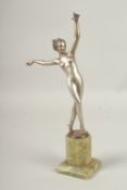 JOSEF LORENZL (AUSTRIAN) 1892-1950 A FINE COLD PAINTED SEMI-NUDE DANCER on an onyx base. Signed