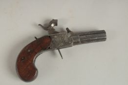A SMALL 19TH CENTURY PERCUSSION CAP POCKET PISTOL by H. NOCK, LONDON, with wooden handle. 14cms
