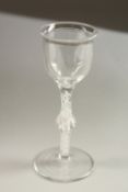 A GEORGIAN WINE GLASS with plain bowl, air twist and knop stem. 15cms high.