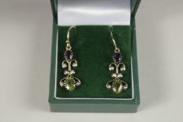 A PAIR OF 9CT GOLD PERIDOT, AMETHYST AND PEARL EARRINGS.