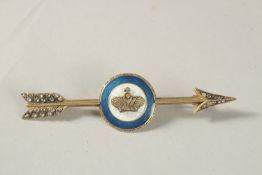 A RUSSIAN SILVER DIAMOND AND ENAMEL ARROW BROOCH in a Faberge case.