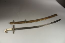 AN 1831 BRITISH OFFICER'S MAMELUKE SABRE with ivory handles and brass sheath. 90cms long. Cites