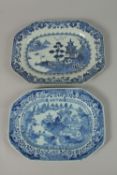 TWO CHINESE BLUE AND WHITE PORCELAIN RECTANGULAR SERVING DISHES, largest (af) 35cm x 26.5cm.
