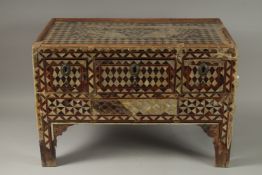 A 17TH CENTURY ISLAMIC MOTHER OF PEARL INLAID QURAN CASKET, with geometric pattern, the front fitted