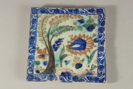 A RARE 16TH CENTURY PERSIAN SAFAVID KUBATCHI TILE, 16.5cm x 16.5cm. Provenance: George Farrow