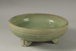 A 16TH CENTURY GREEN GLAZED DEEP CIRCULAR BOWL, raised on three lion feet. 13cm high, 30cm wide.