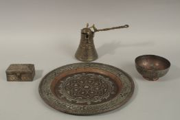 A FINE SYRIAN DAMASCUS SILVER AND COPPER INLAID BRASS TRAY, inscribed and dated 1910, together