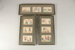 A COLLECTION OF NINE SMALL CHINESE PITH PAINTINGS, framed and glazed in sets of three, (3).