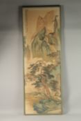 A LARGE CHINESE PAINTING ON PAPER, depicting a mountainous landscape, inscribed to upper left with