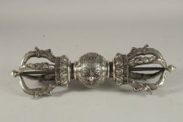 A FINE TIBETAN LARGE WHITE METAL VAJRA, 38cm long.