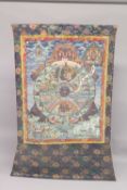 A VERY FINE AND LARGE TIBETAN 'WHEEL OF LIFE' THANGKA, beautifully painted with various deities,