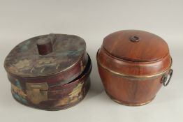 A CHINESE WOODEN BARREL RICE BOX, with mounted metal handles, together with another lacquered