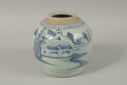 A CHINESE BLUE AND WHITE PORCELAIN JAR, 16cm high.