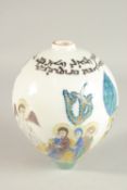 A TURKISH ARMENIAN GLAZED POTTERY BALL ORNAMENT, 20cm high.