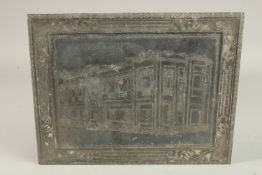 A RARE INDIAN BIDRI SILVER INLAID TRAY, depicting a building, the reverse inscribed 'Lady Tasker