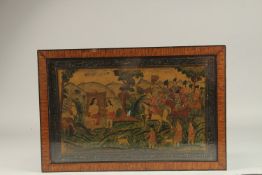 A 19TH CENTURY PERSIAN QAJAR PAINTED AND LACQUERED PAPIER MACHE PANEL, depicting the story of Khosru